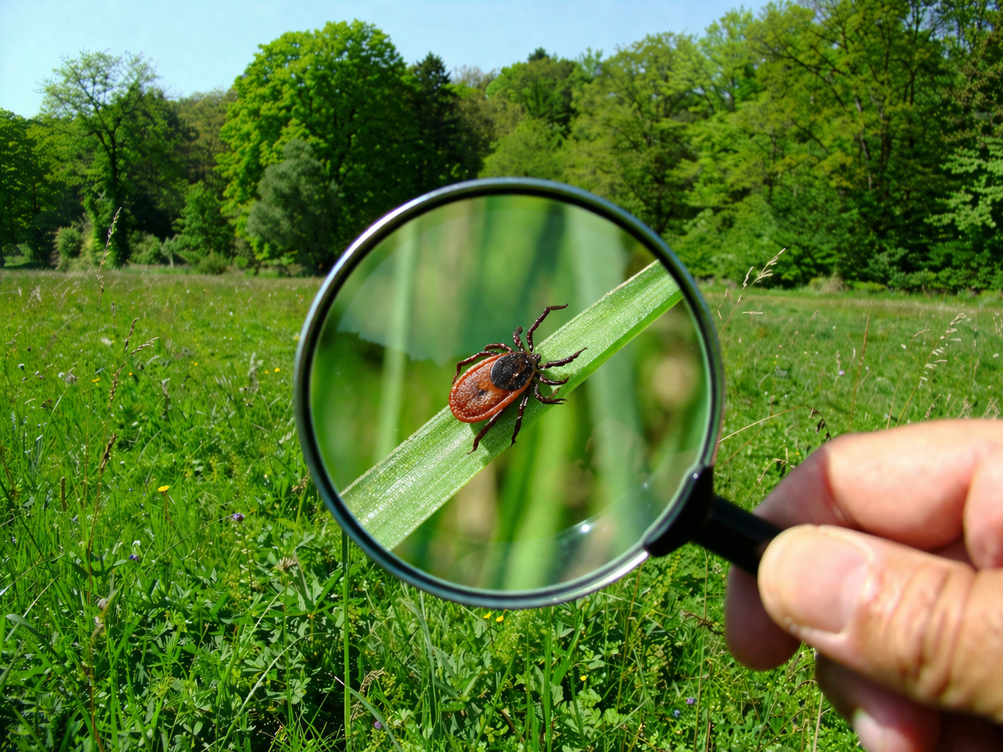 prairie en limite de forêt avec une tique vue sous une loupe