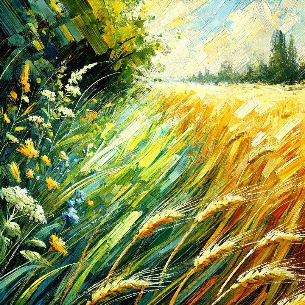 image créée par IA (DALLE) : lisière entre bois et champ de céréales à la manière impressionniste